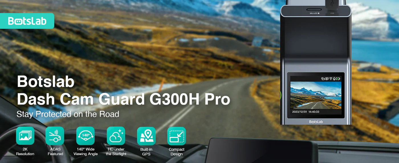 Botslab Dash Cam Guard G300H Pro on a car dashboard with a scenic road