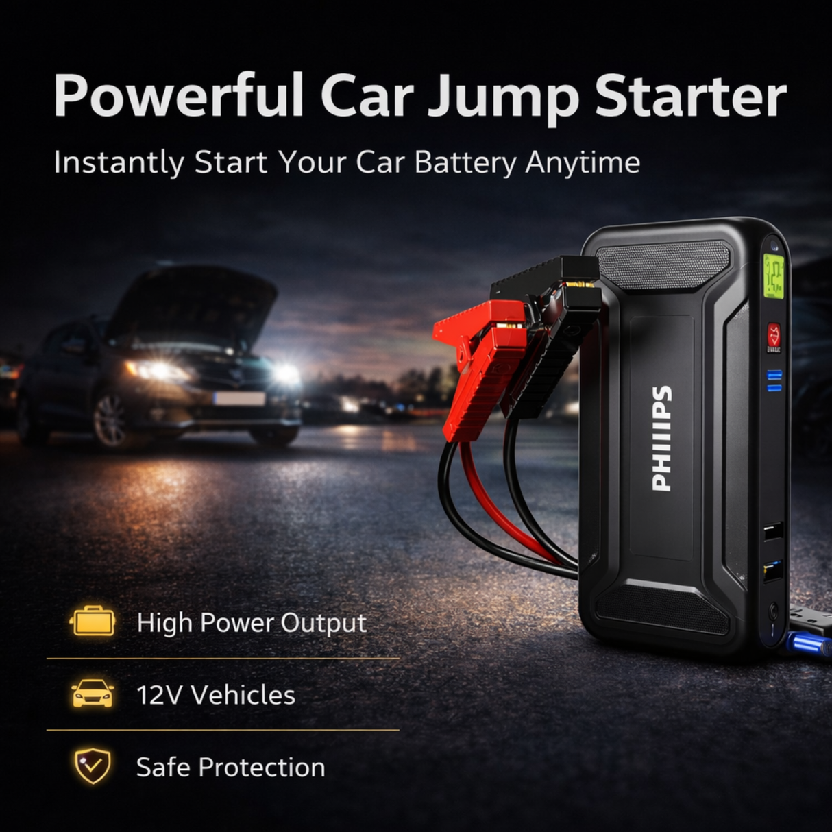 PHILIPS Jump Starter for Car Battery 12V/600A Vehicles, 9900mAH