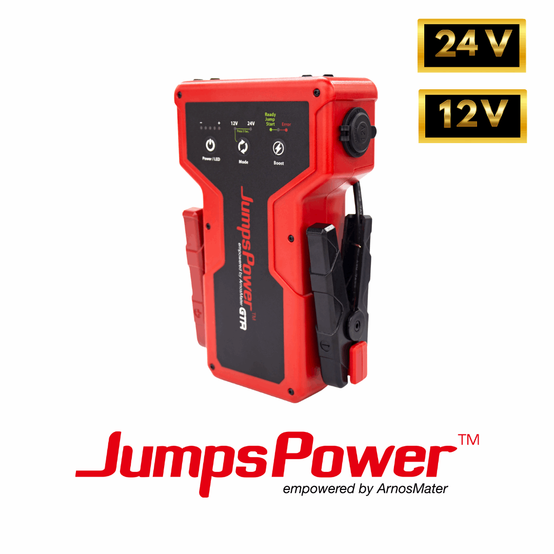 Red and black jump starter with 'Jumps Power' branding on a white background