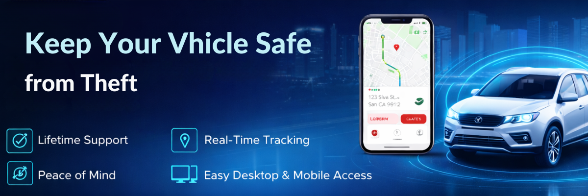 Advertisement for vehicle safety system with smartphone app and SUV on a blue background