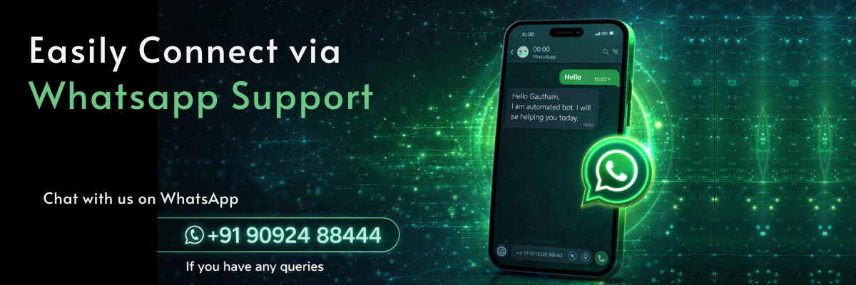 Promotional graphic for WhatsApp support with a phone and chat interface on a dark background.