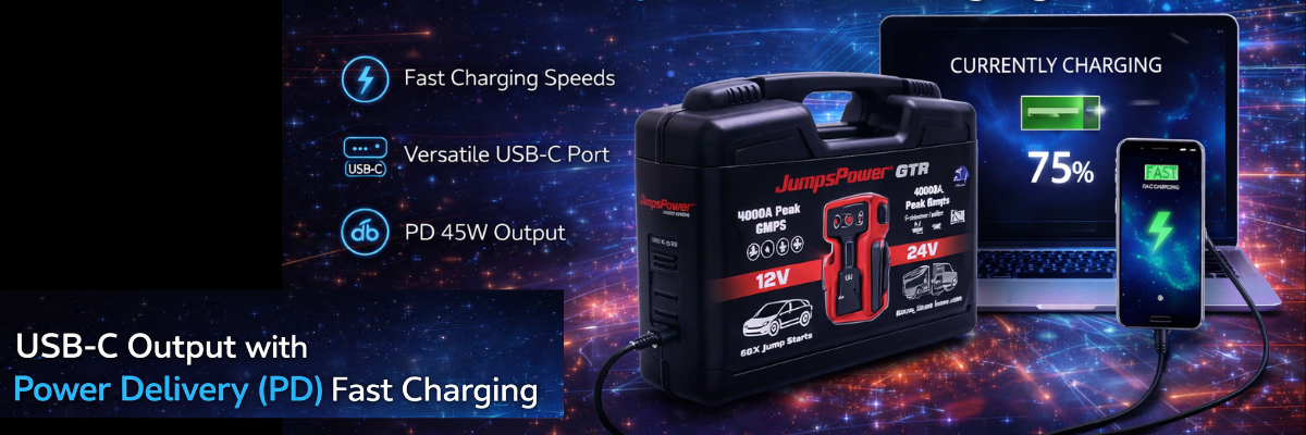 Power bank with USB-C output and Power Delivery charging on a space-themed background