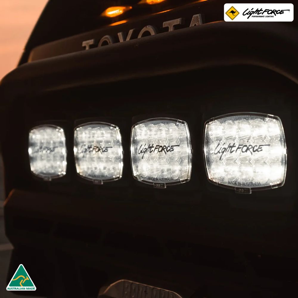 "Lightforce Striker LED fog light with advanced optics for high-intensity, long-range visibility in challenging driving conditions."