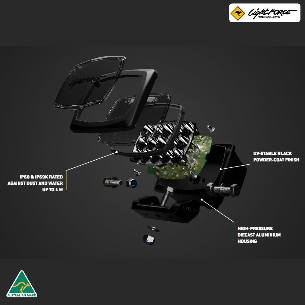 "Compact and powerful Lightforce Striker LED fog light for cars, providing clear illumination in fog and rain."