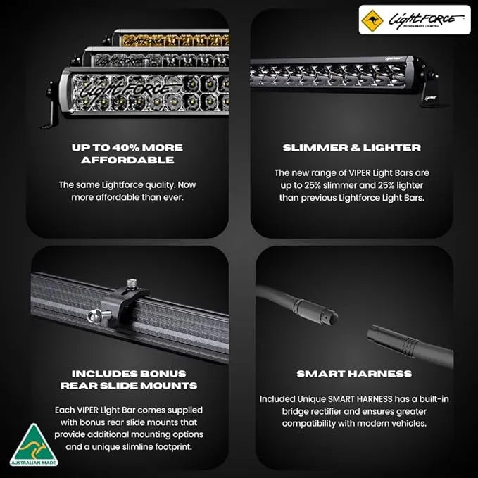 Detailed shot of the Lightforce 20" Viper LED Bar's hard-coated polycarbonate lens and robust construction.