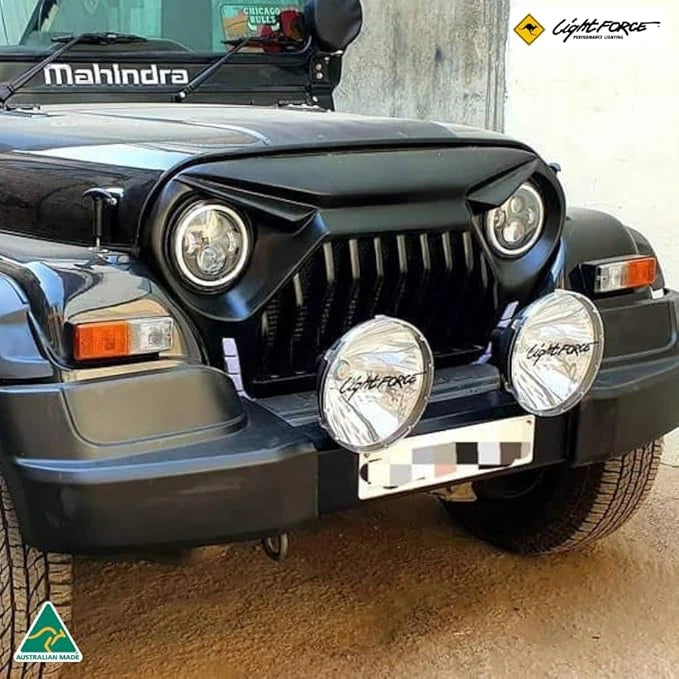 Front view showing Lightforce Blitz 240mm fog lights providing enhanced visibility.