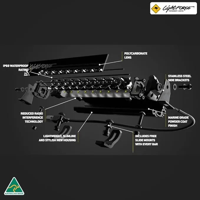 Side angle of the Lightforce 20" Viper LED Bar mounted on a vehicle, highlighting its slim and compact design.