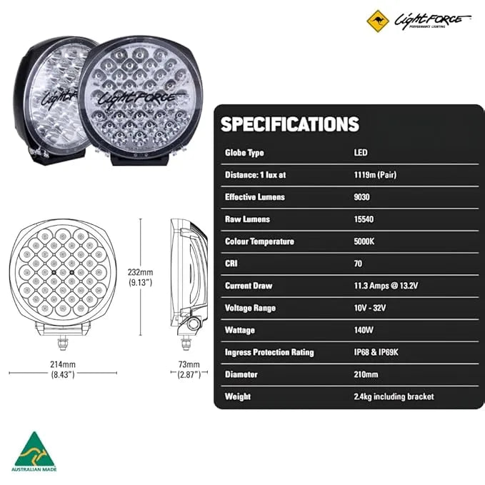"Lightforce Genesis LED driving light, 6-inch round design with superior light output and rugged construction for off-road enthusiasts."