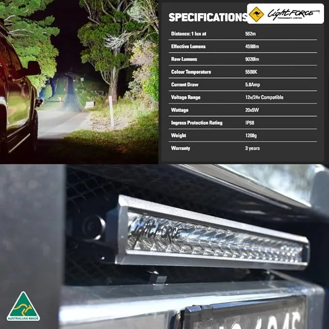Lightforce 20" Viper LED Bar in action, illuminating a dark off-road trail with its powerful spot and flood beams.