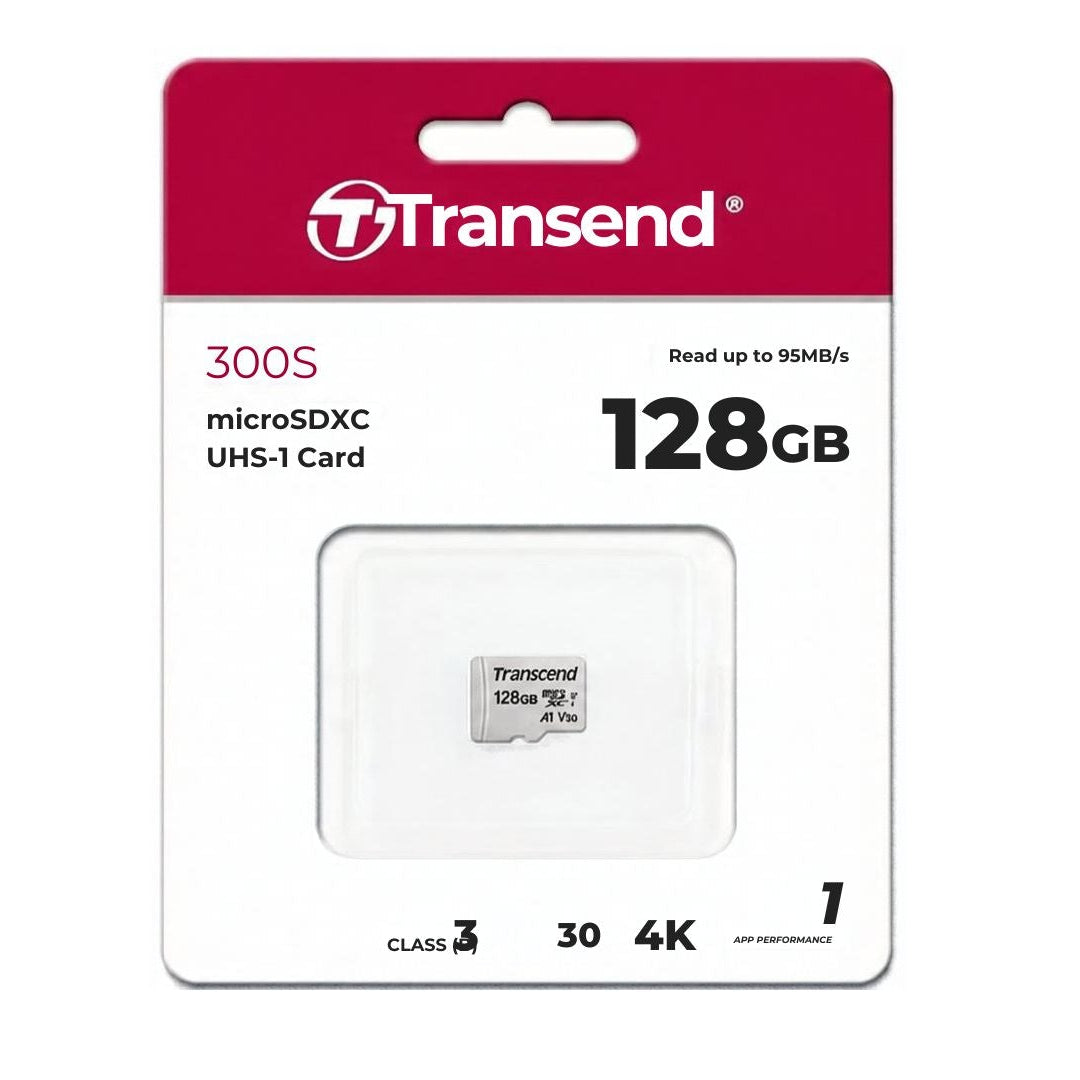 Transland 128GB microSDXC UHS-1 Class 4 card in its original retail blister packaging, featuring a white card with a red header.