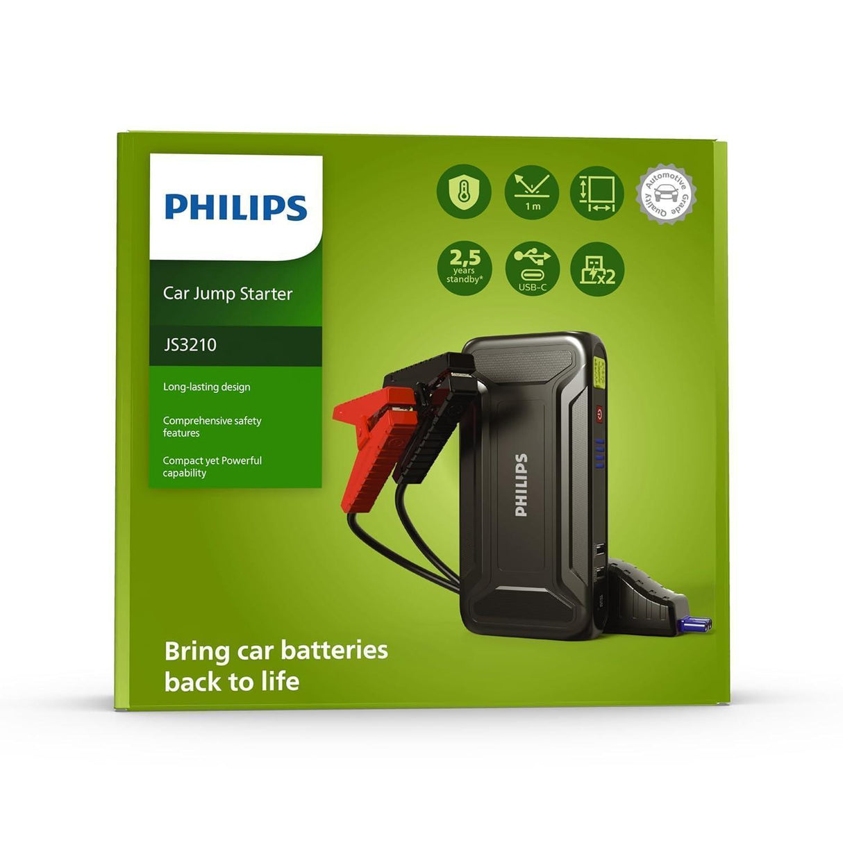 Portable Philips jump starter for car battery, perfect for roadside emergencies