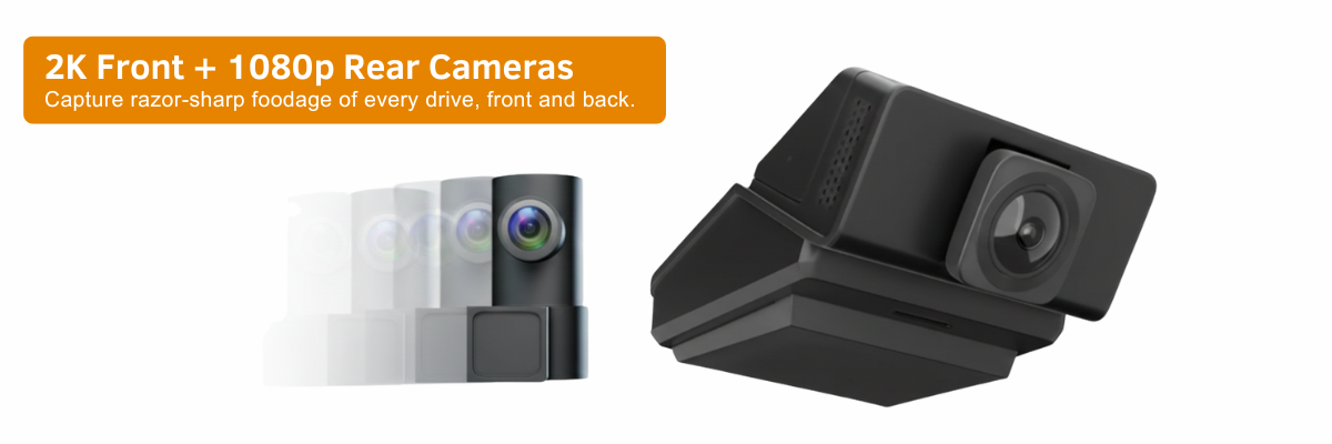 Two camera systems with text indicating 2K front and 1080p rear cameras on a white background.