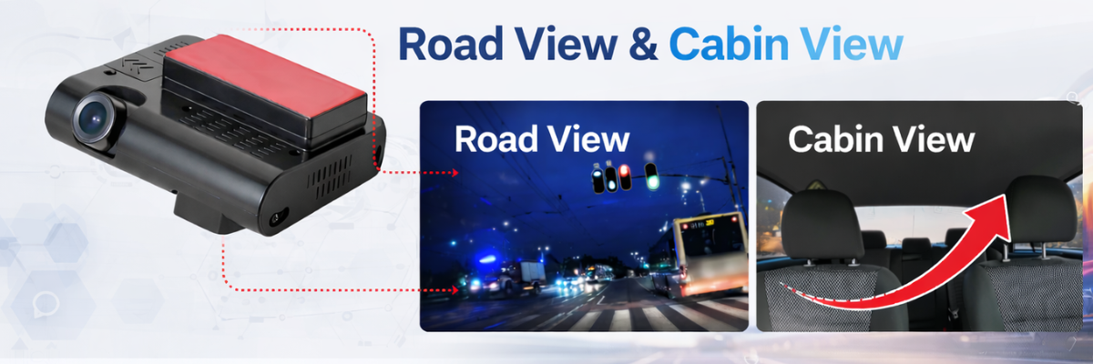 Car dashboard camera with road view and cabin view display on a blue gradient background