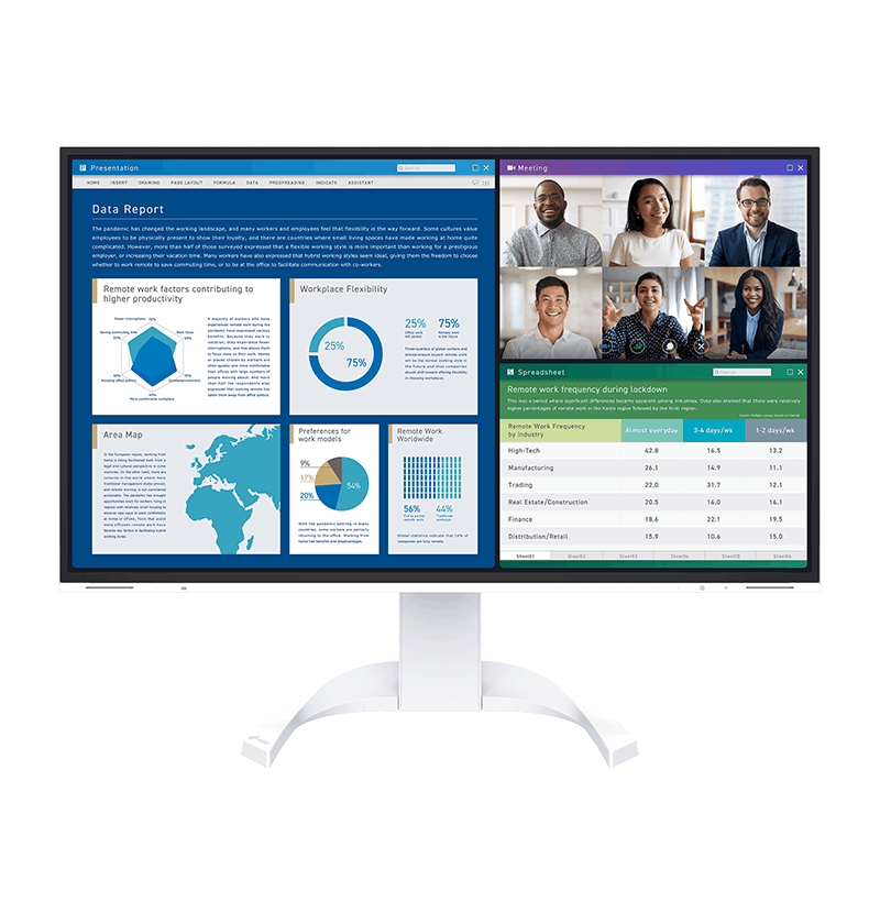 Monitor displaying a data report with charts and a video call interface on a white background