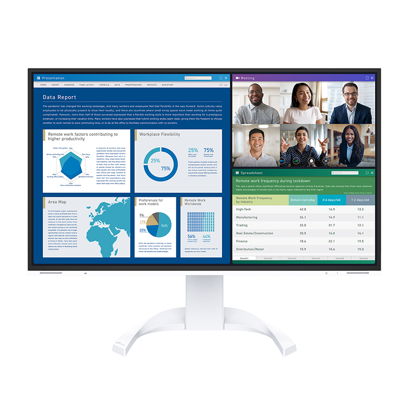 Monitor displaying a data report with charts and a video call interface on a white background