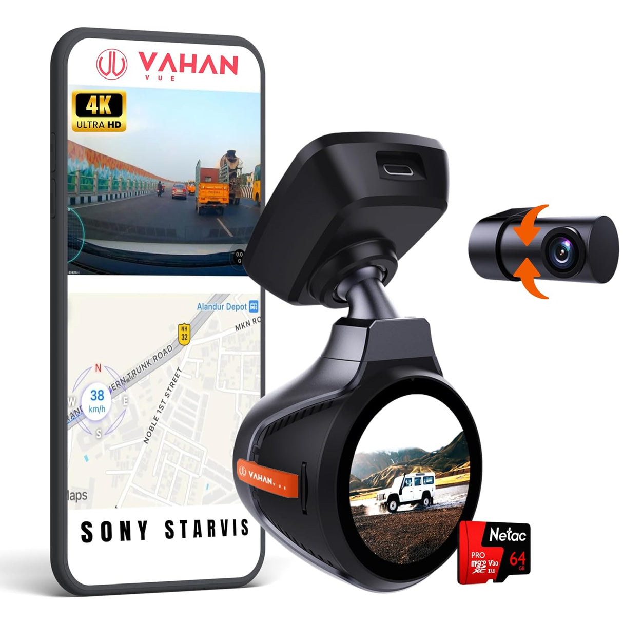 Vahan dash cam with smartphone displaying footage, additional camera, and memory card on a white background