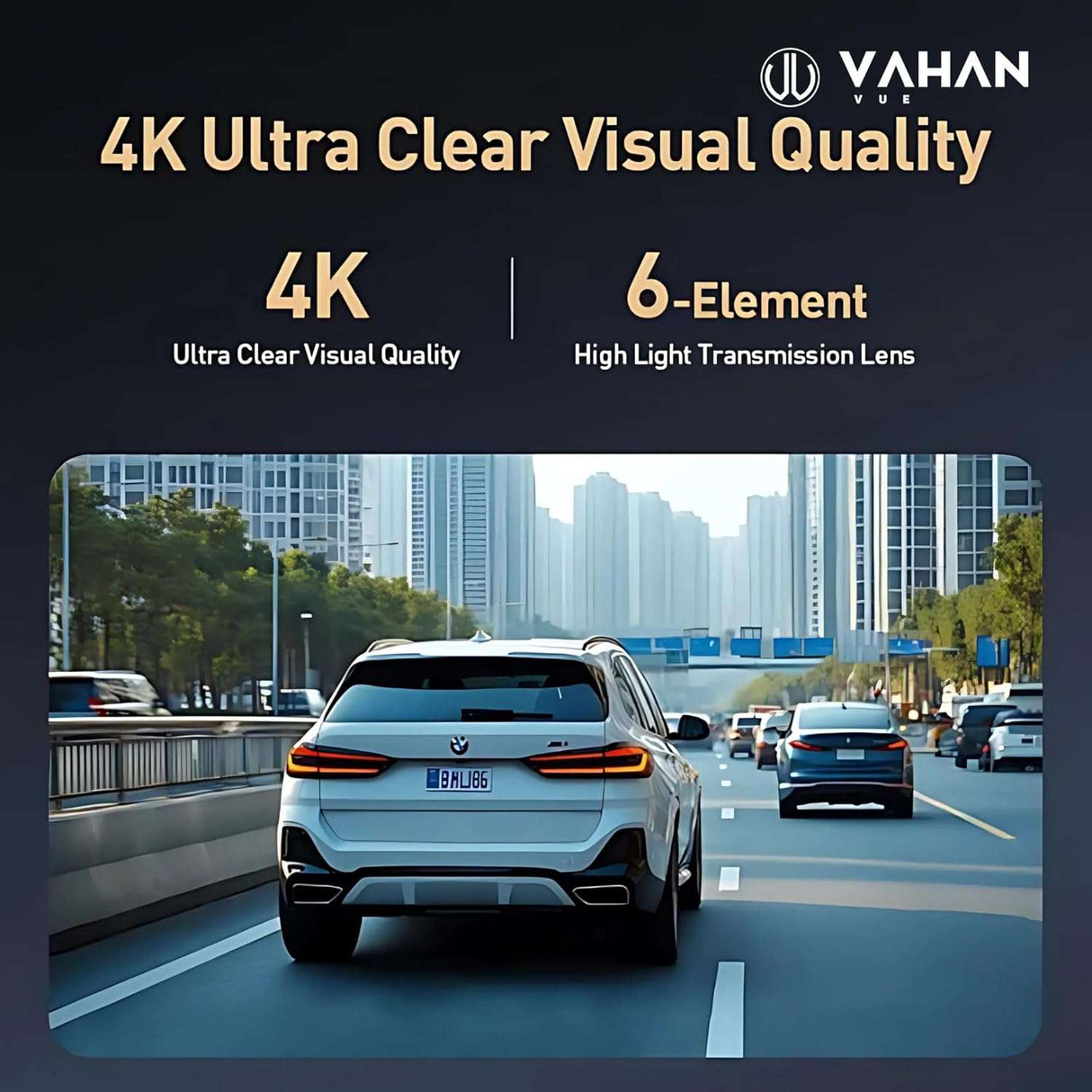 Advertisement for Vahan camera lens with a cityscape and car on a highway.