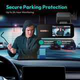 Car dashboard with a security device displaying 'BotsLab' and a screen showing a person with a crowbar, with text 'Secure Parking Protection' and 'Up to 24-hour Monitoring'.