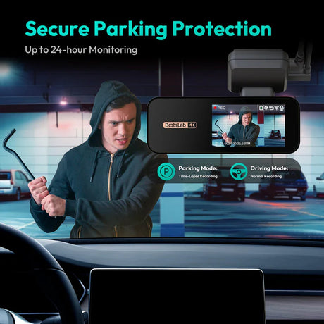 Car dashboard with a security device displaying 'BotsLab' and a screen showing a person with a crowbar, with text 'Secure Parking Protection' and 'Up to 24-hour Monitoring'.