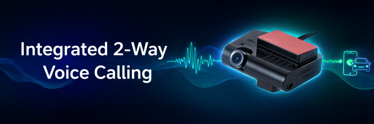 Black electronic device with red component on a dark blue background with text 'Integrated 2-Way Voice Calling'.