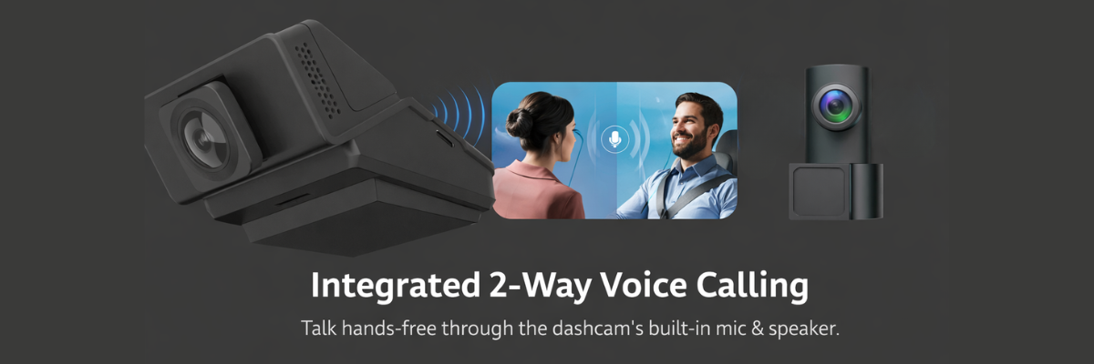 Two dashcams with a video display showing two people talking, labeled 'Integrated 2-Way Voice Calling'.