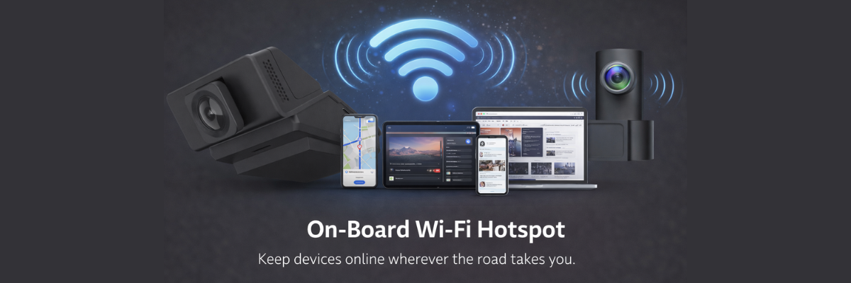 On-board Wi-Fi hotspot system with devices connected, on a dark background.