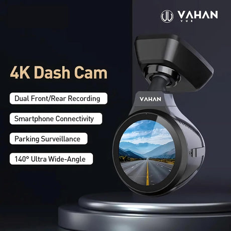 Vahan 4K Dash Cam with features listed on a dark background