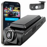 Car dashboard camera with smartphone displaying app interface on a white background