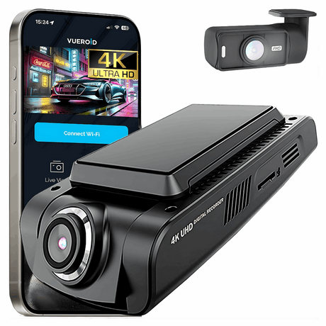 Car dashboard camera with smartphone displaying app interface on a white background