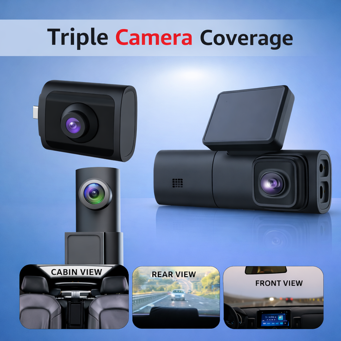 Car camera system with triple camera coverage on a blue background