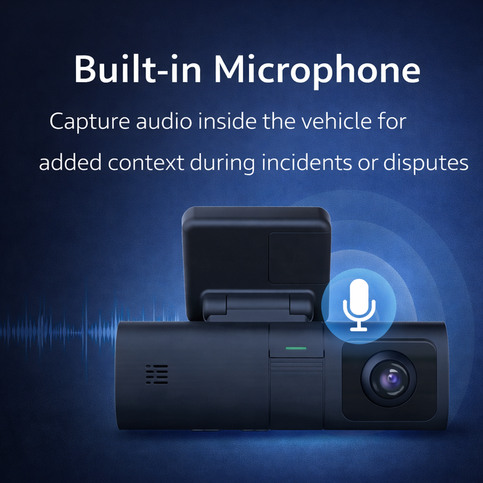 Car dashboard camera with built-in microphone on a blue background