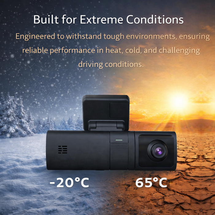Dual-camera device with temperature resistance features displayed against a snowy and desert landscape.