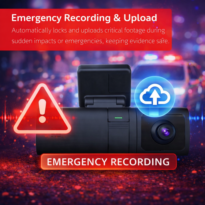 Dashboard camera with emergency recording features on a blurred police car and city lights background.