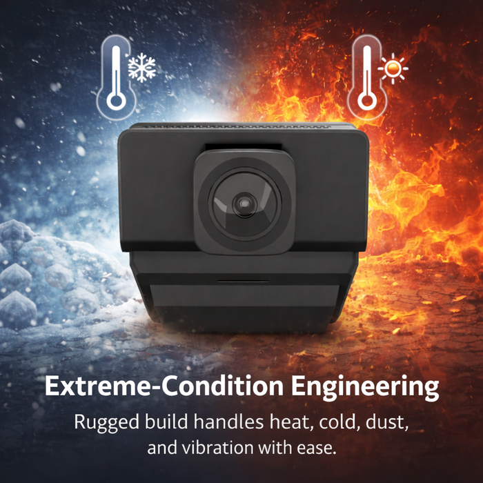 Camera with extreme-condition engineering text and graphics of heat and cold on a dark background