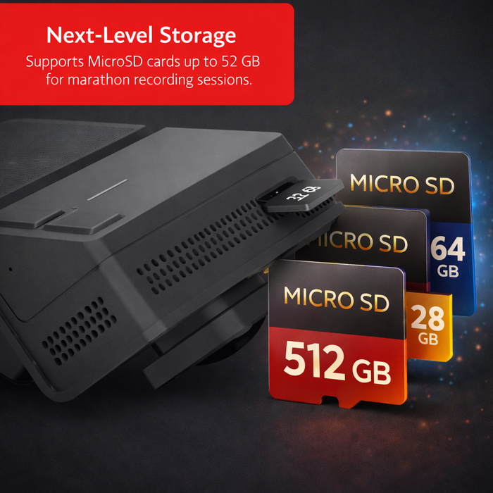 MicroSD cards with capacities up to 512GB being inserted into a device, with a promotional text about next-level storage.