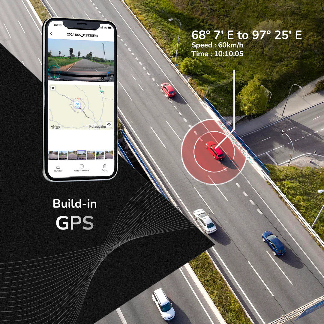 Smartphone with GPS app on a road with cars, highlighting build-in GPS feature. Dash Cam