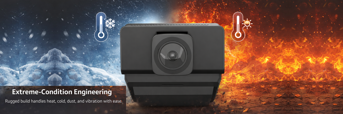Camera module with extreme-condition engineering features on a background of cold and hot environments.