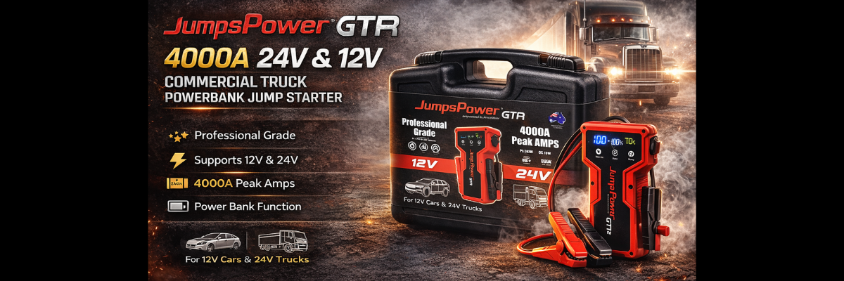 JumpsPower GTR jump starter with truck in the background
