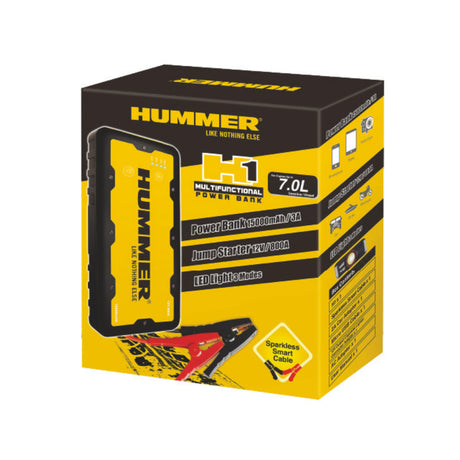 "Close-up view of the HUMMER H1 Jump Starter, with rugged design and safety features for boosting car batteries."
