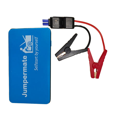 Jumpermate jump starter with built-in LED flashlight, offering SOS and strobe modes for emergency roadside assistance