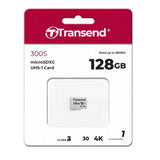 Transland 128GB microSDXC UHS-1 Class 4 card in its original retail blister packaging, featuring a white card with a red header.