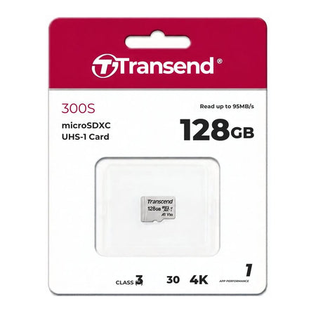 Transland 128GB microSDXC UHS-1 Class 4 card in its original retail blister packaging, featuring a white card with a red header.