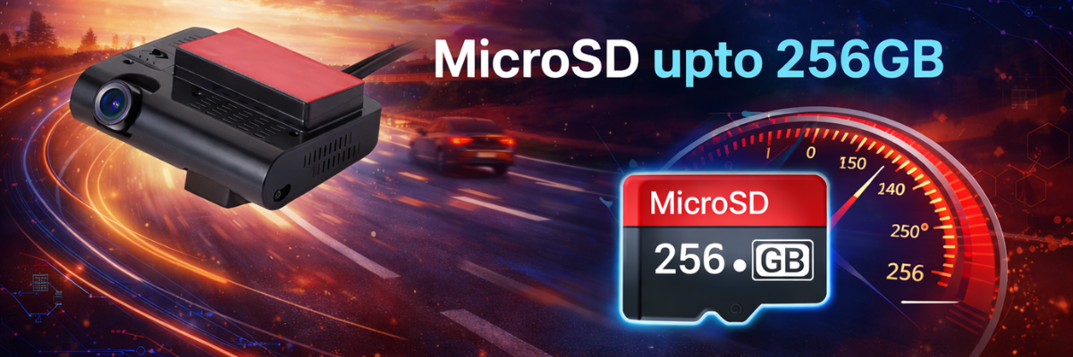 MicroSD card with 256GB capacity on a dynamic background with a device and speedometer graphic.
