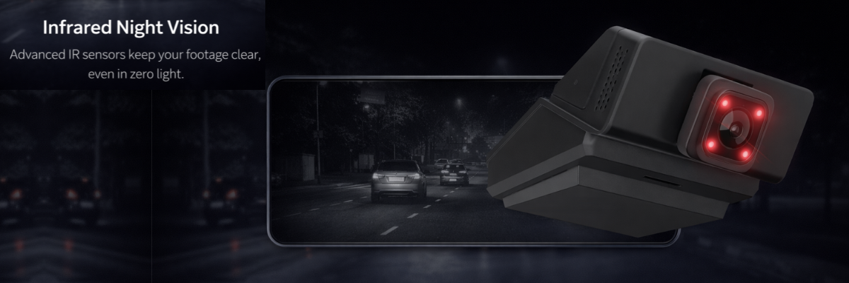 Infrared night vision camera system with a dark background and car footage.