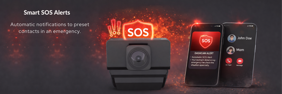 Smart SOS Alert system with camera, smartphone displaying SOS alert, and contact list on a dark background.