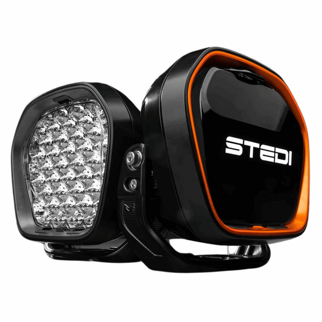 "STEDI Evo Type X 8.5-inch fog lights providing powerful illumination and enhanced road visibility in low-light conditions."
