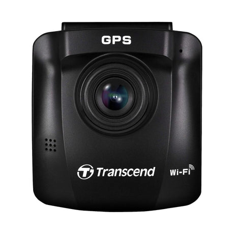 "Transcend DrivePro 620 Dash Cam mounted on the windshield, recording clear footage of the road ahead."
