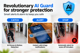 Promotional graphic for an AI security guard feature, showing text reading 'Revolutionary AI Guard for stronger protection' and three labeled panels: 'CATCH', 'ALERT', and 'STOP', with small screenshots demonstrating motion detection, instant alerts, and automatic alarm activation.