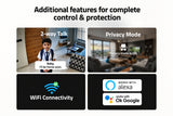 A promotional graphic showing feature tiles for a smart speaker or control app, including 'Additional features for complete control & protection,' '2-way Talk,' 'Privacy Mode,' 'WIFI Connectivity,' and Alexa/Google compatibility logos.