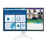 Monitor displaying a data report with charts and a video call interface on a white background